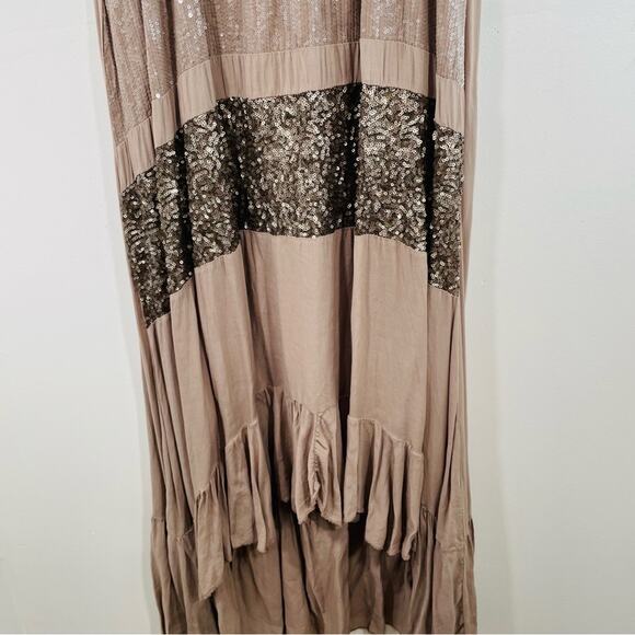 NWT Sarah Tempest Tan Sequin & Ruffle High Low Midi Dress Medium Lagenlook - Picture 4 of 14